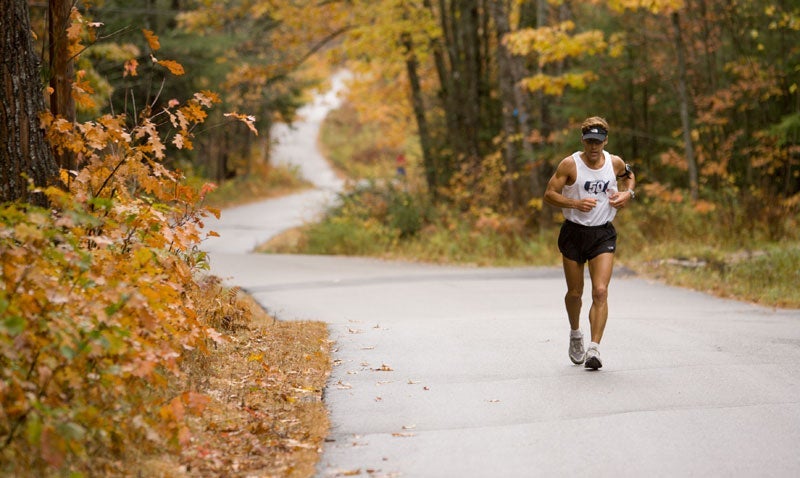 Dean Karnazes running marathon number 32 on day 32 of the Endurance 50 event in Bristol, New Hampshire.