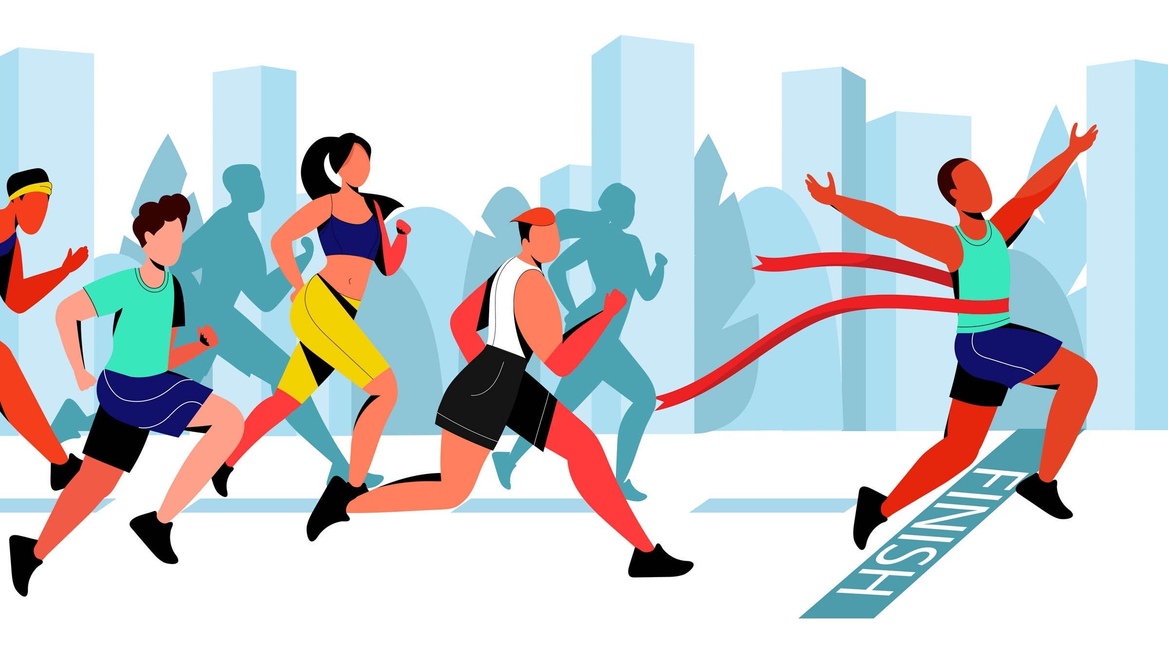 Young guy wins in city marathon. Vector flat cartoon horizontal illustration.