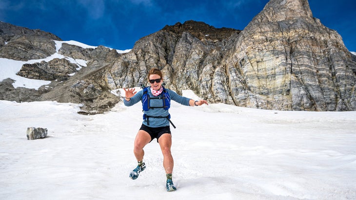 Grace Butler descending a glacier during her run on the Via Valais