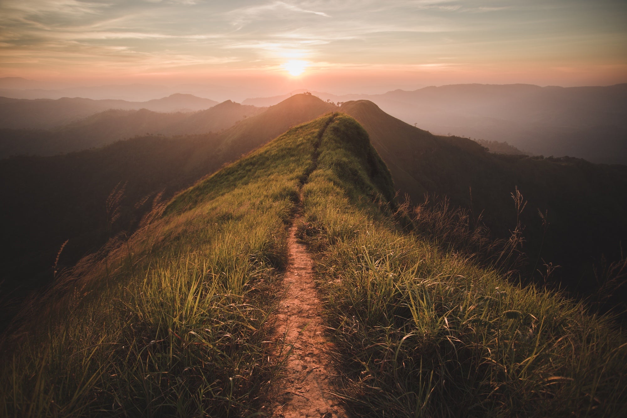a single track follows a ridgeline at sunset