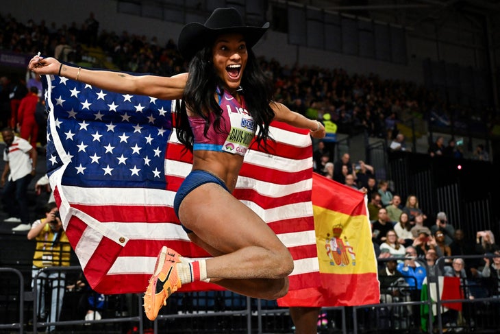 Tara Davis-Woodhall celebrates after her win at the World Athletics Championships