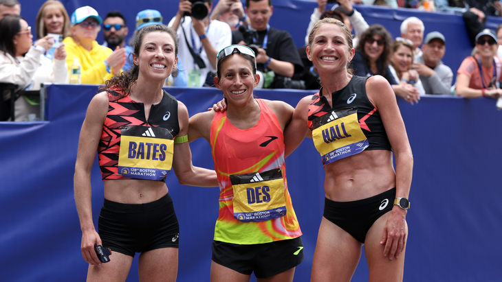 Emma Bates, Des Linden and Sara Hall at the Boston Marathon 2024