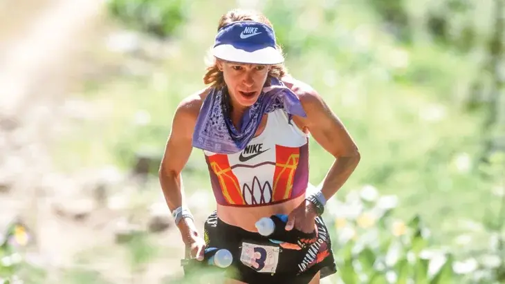 Ann Trason, who won Western States a record-breaking 14 times over the span of 15 years starting in 1989, makes her way through the convection oven of the canyons.