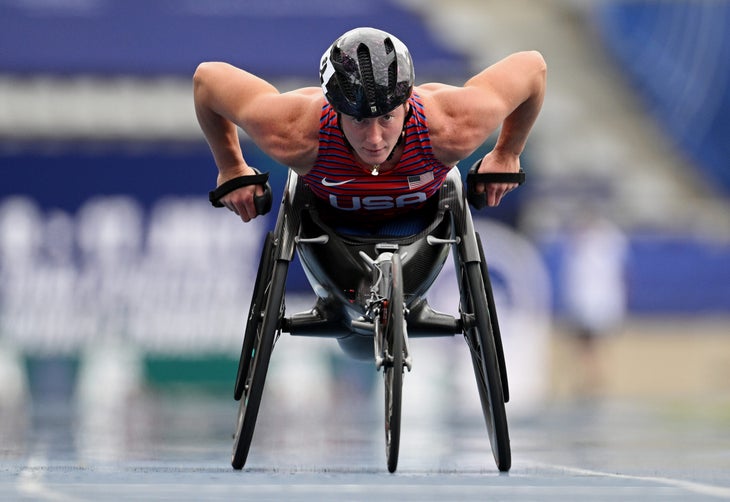 Tatyana McFadden competes in the Women's 400m T54 Round 1 Heat during day eight of the World Para Athletics Championships Paris 2023 at Stade Charlety on July 15, 2023 in Paris, France. 