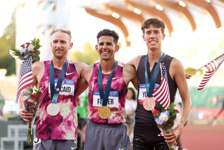 Woody Kincaid (left) and Grant Fisher (center) earned another Olympic team berth in the 10,000 meters, while Nico Young (right) became an Olympian for the first time.