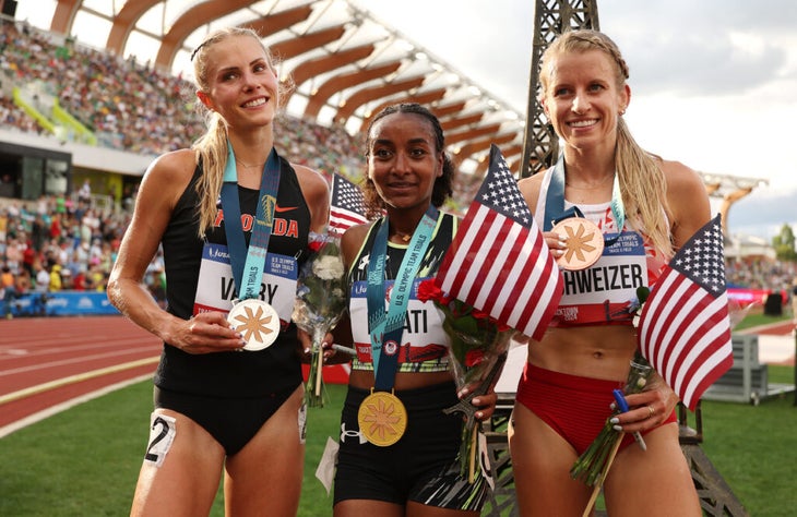 EUGENE, OREGON - JUNE 29: Silver medalist Parker Valby, gold medalist Weini Kelati, and bronze medalist Karissa Schweizer pose with their medals after competing in the women's 10,000 meter final on Day Nine of the 2024 U.S. Olympic Team Track & Field Trials at Hayward Field on June 29, 2024 in Eugene, Oregon. (Photo by Christian Petersen/Getty Images)