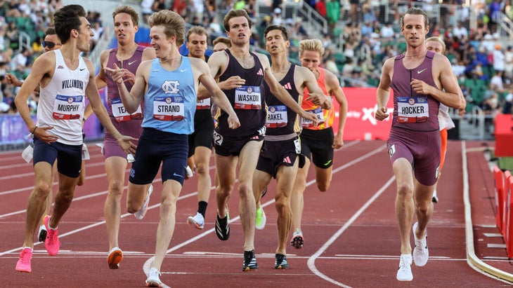 Cole Hocker (right) won the first semifinal of the men's 1500 meters collegians and friends Liam Murphy (Villanova) and Ethan Strand (North Carolina), who crossed the finish line together at 3:38.08 while smiling at each other in a bromance celebration of making it to the finals.