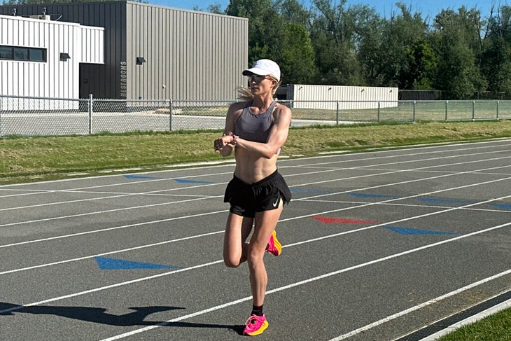 Val Constien prepares to stop her watch during a recent workout in Boulder, Colorado.