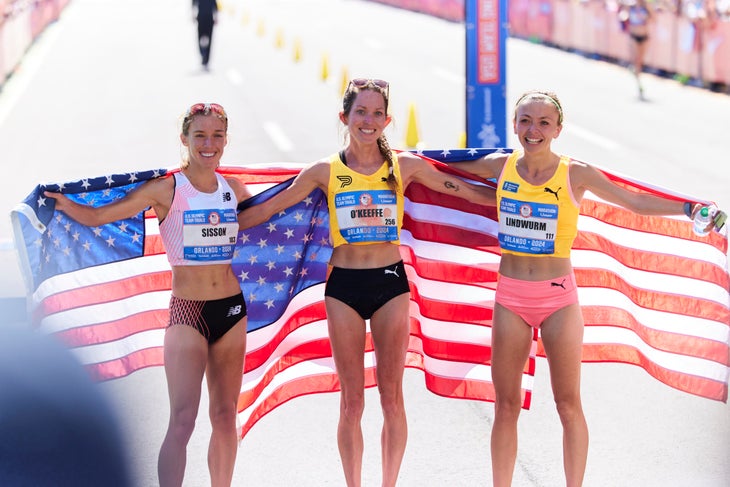 Emily Sisson (left), Fiona O'Keeffe (middle) and Dakotah Lindwurm (right) celebrate after qualifying for the 2024 Paris Olympics at the U.S. Olympic Trials marathon on February 3 in Orlando, Florida.