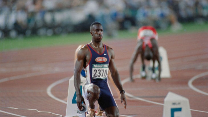 Michael Johnson starting the men's 300-meter finals at the 1996 Olympics.