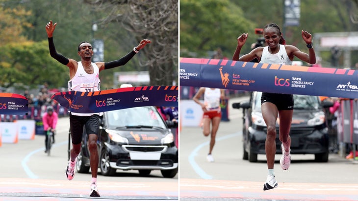 Tamirat Tola and Hellen Obiri crossing the New York City Marathon finish line.