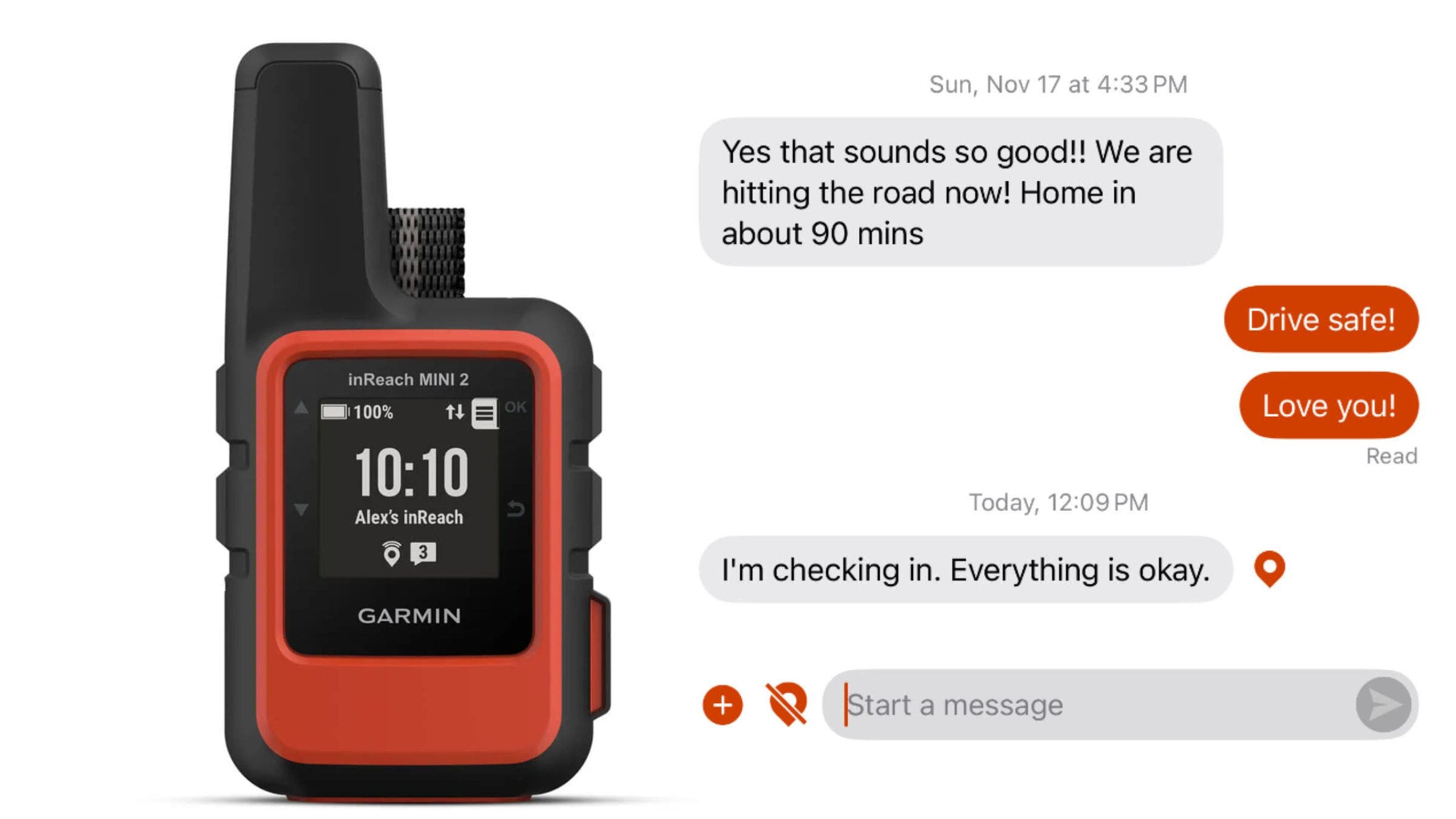 The Garmin inReach Mini 2 and a text exchange showing 2-way messaging