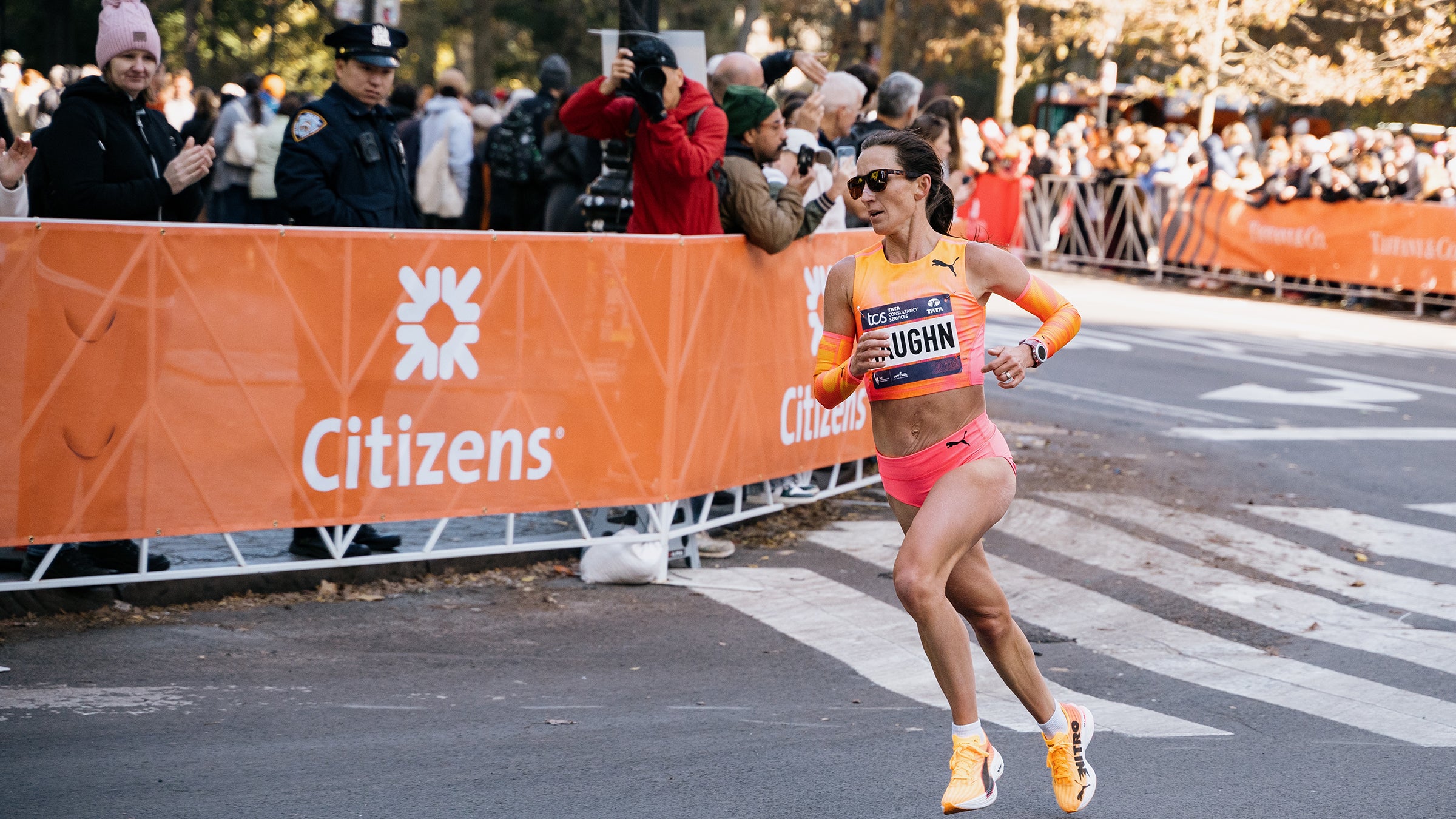Sara Vaughn finished sixth in the 2024 New York City Marathon in 2:26:56 wearing a pair of Puma Deviate Nitro Elite 3 shoes.