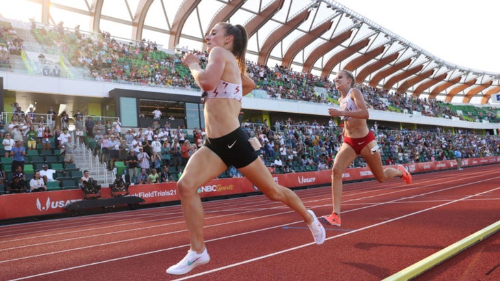 Elise Cranny finishing the 5,000 meters at the 2020 Olympic Track & Field Time Trials