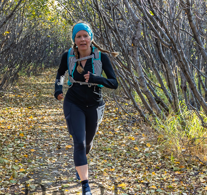 Kara Weller, running her favorite trail race, the Equinox Marathon, in Fairbanks, Alaska.