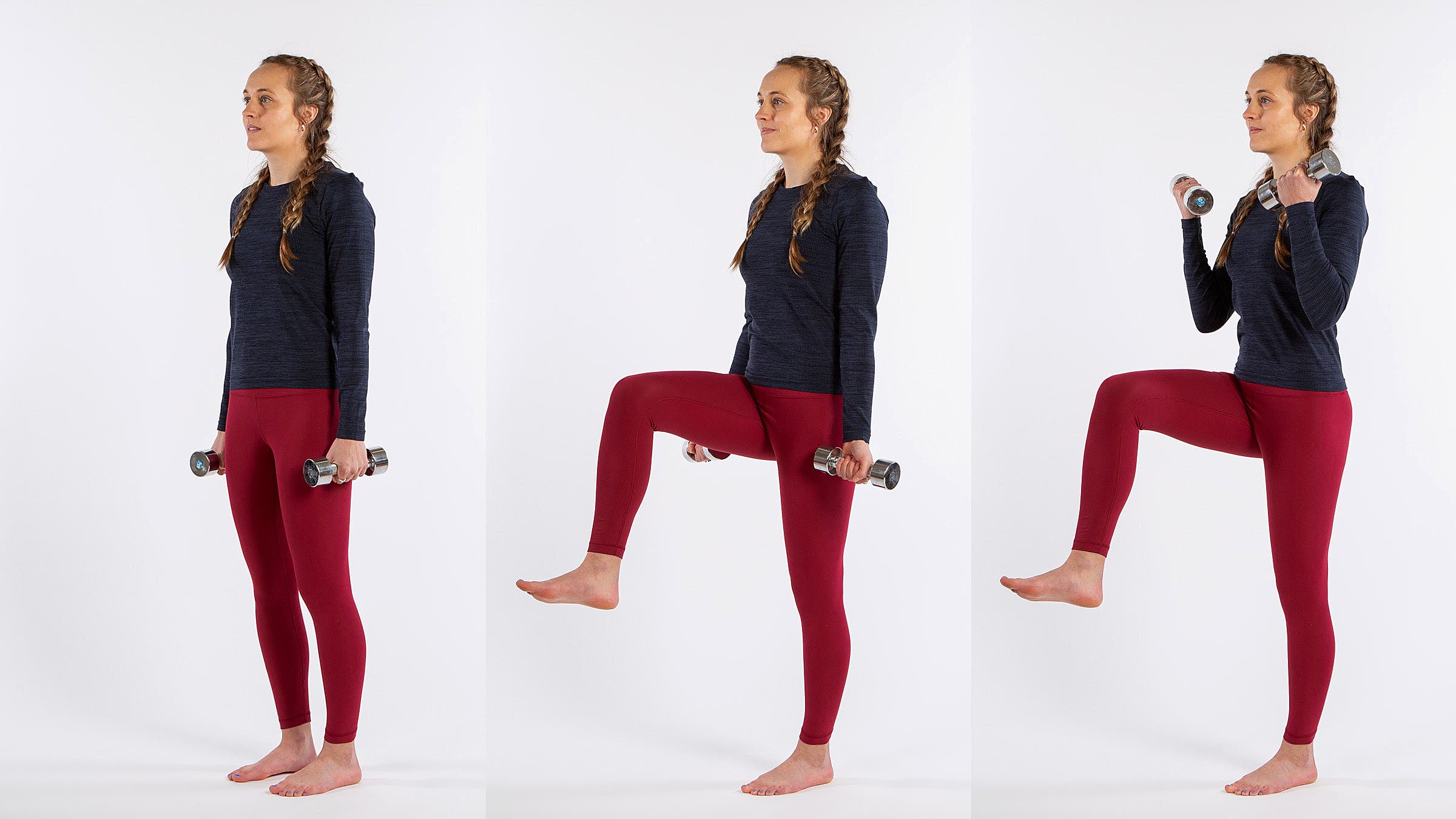 a woman runner performs single leg bicep curl