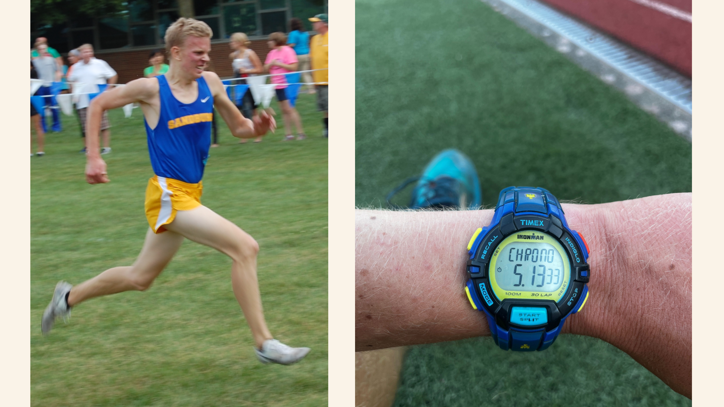 Two photos: one of a man running cross country and one of an older watch