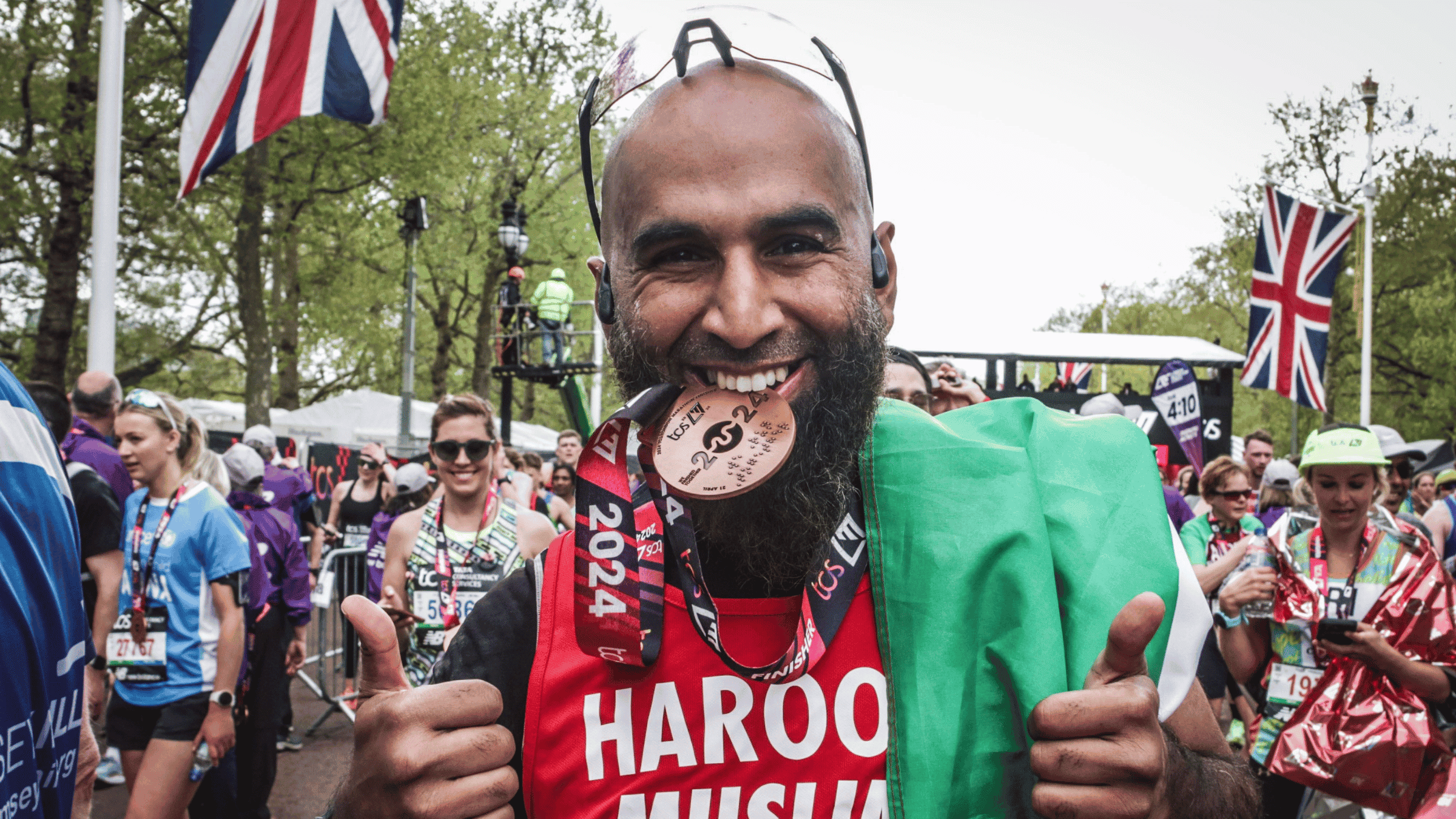 Haroon Mota finishes the London Marathon.