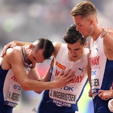 (From L) Norway's Henrik Ingebrigtsen, Norway's Jakob Ingebrigtsen and Norway's Filip Ingebrigtsen compete in the Men's 5000m final at the 2019 IAAF Athletics World Championships at the Khalifa International Stadium in Doha on September 30, 2019. The Ingebrigtsen for their father Gjert has just ended.
