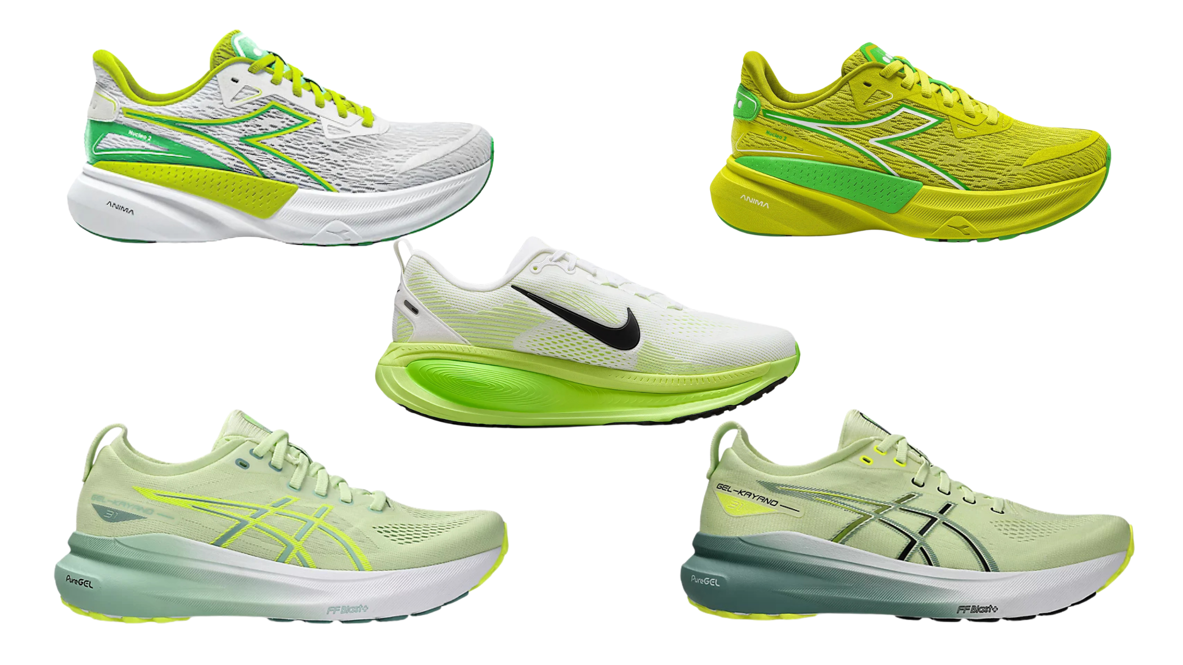 The Best Green Running Shoes for 2025 are Nike Vomero 18, Diadora Nucleo 2, and Asics GEL-Kayano 31
