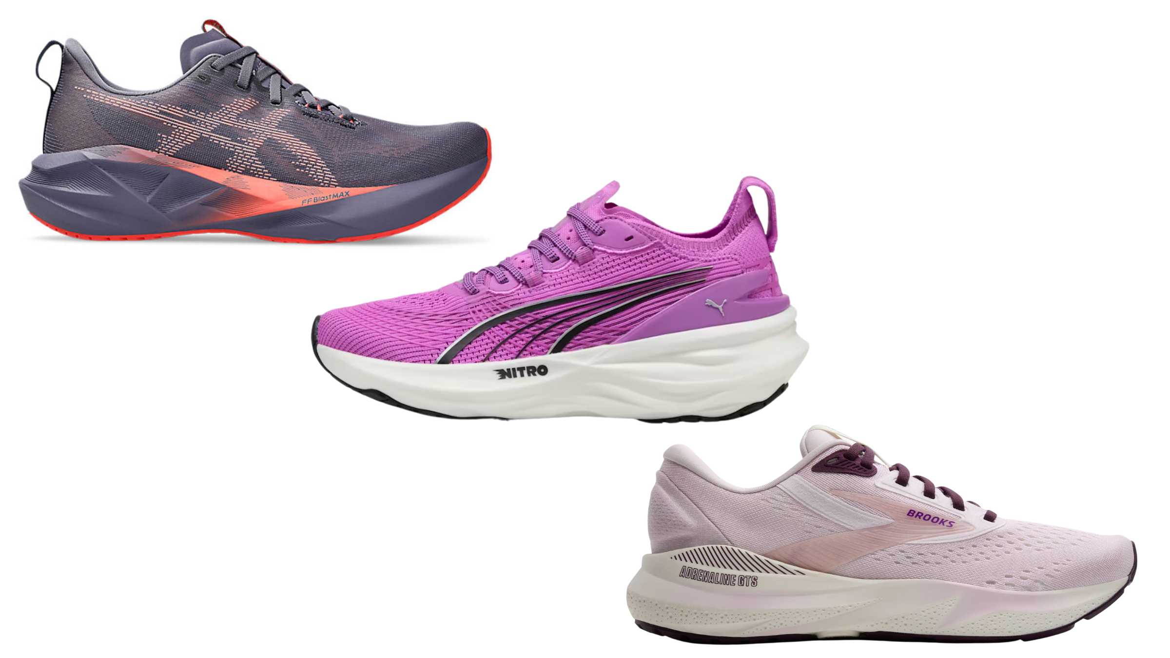 The best purple running shoes for 2025 include Asics Novablast 5, Puma ForeverRun Nitro 2 for Women, and Brooks Adrenaline GTS 24 for Women
