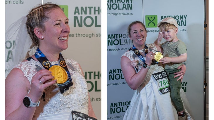 Laura Coleman-Day with her race medal and with her son