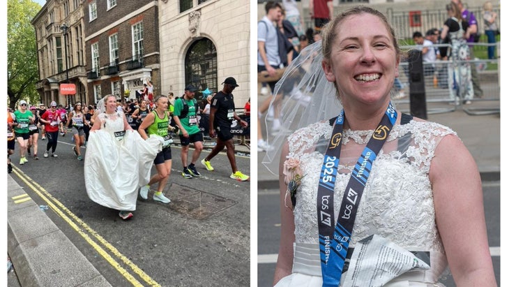 bride running a race and with her London Marathon 2025 medal