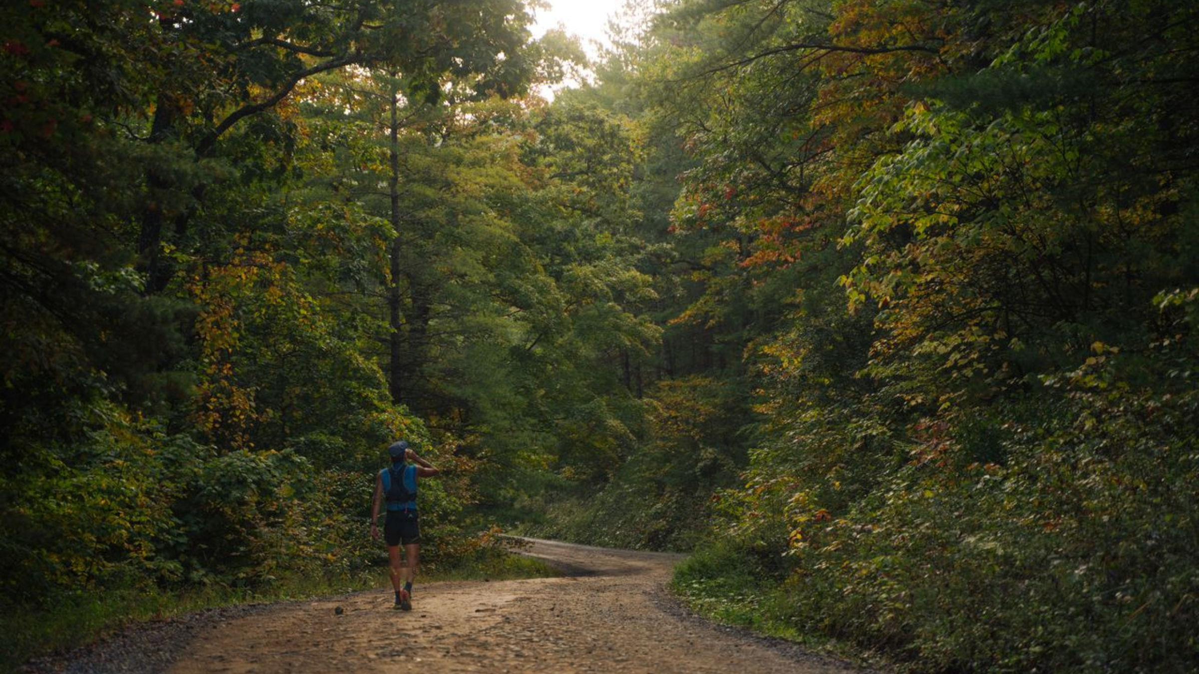 man with hydration pack and running clothes hydrates as he walks on trail surrounded by tall forest trees with green and orange leaves