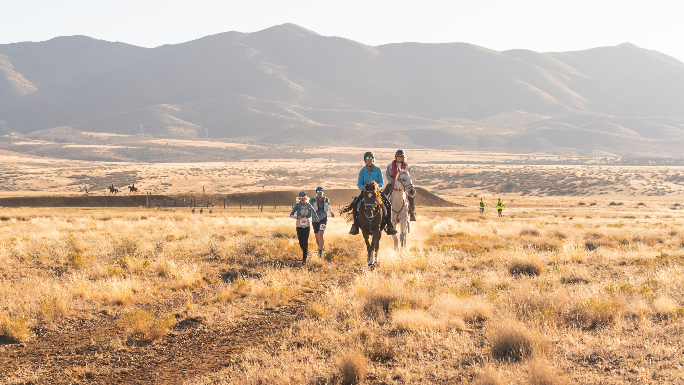 two runners run alongside two horses with riders on a trail surrounded by yellow grasses and mountains in the background