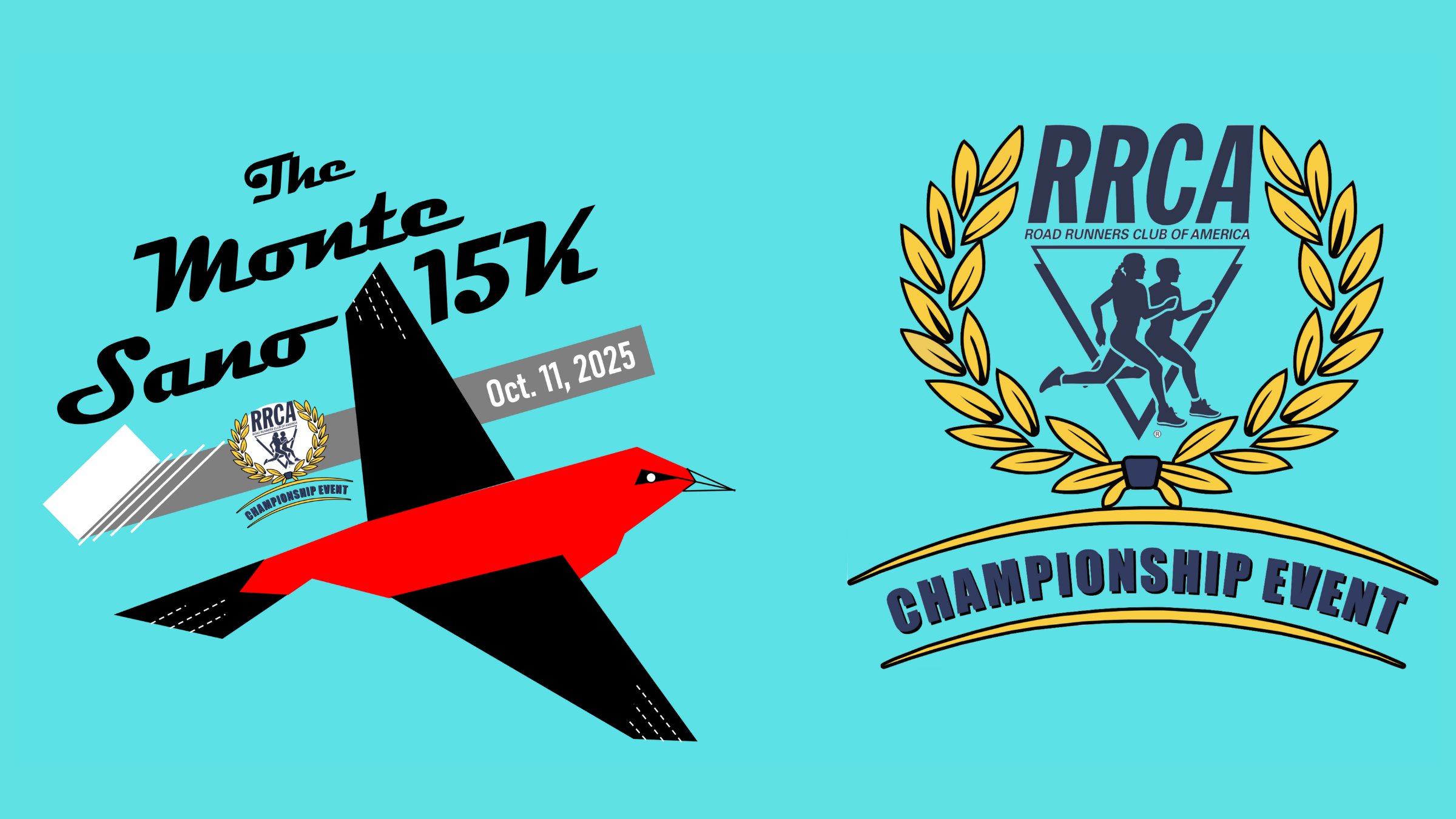 monte sano 15K logo with red and black bird and RRCA championship course logo on teal background