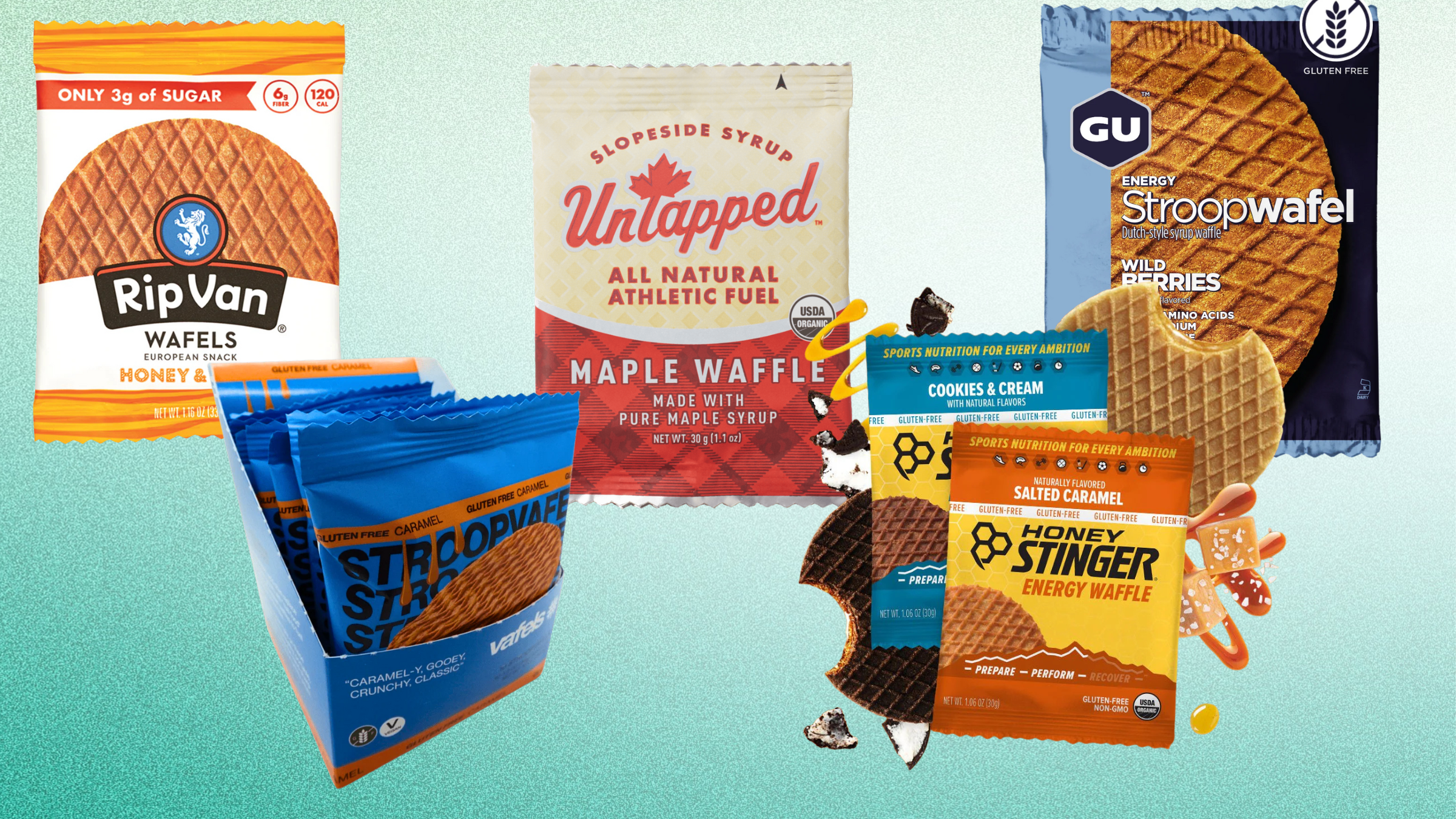 five brands of allergen-friendly stroopwafels in their packaging