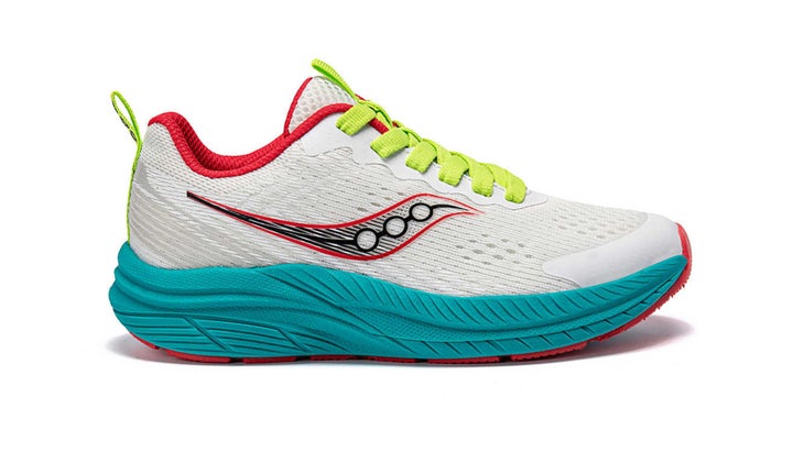 a photo of a white Saucony sneaker for kids