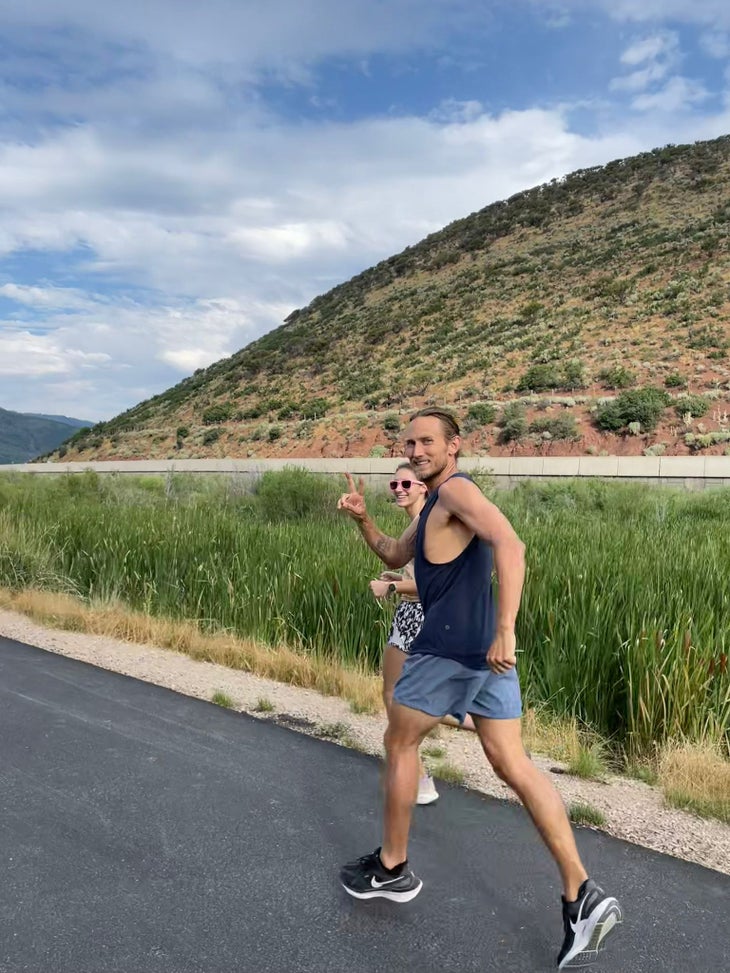 steve mennitt runs with a pal in Park City Utah