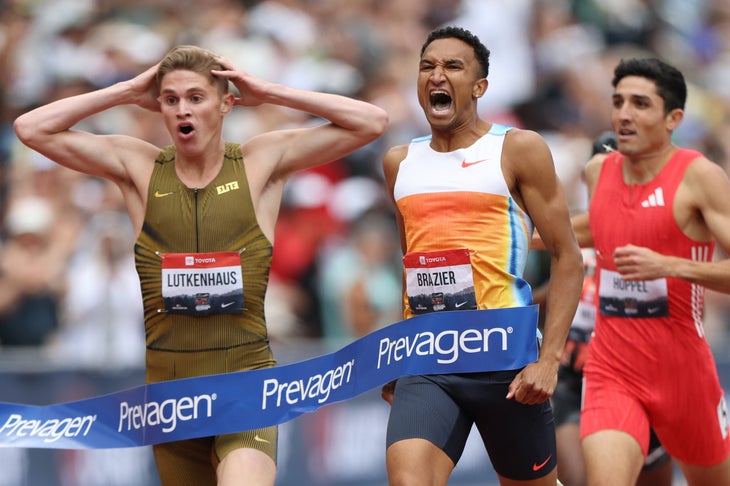 Donavan Brazier wins the men's 800m final in front of Cooper Lutkenhaus during the 2025 USATF Outdoor Championships at Hayward Field on August 03, 2025 in Eugene, Oregon. 