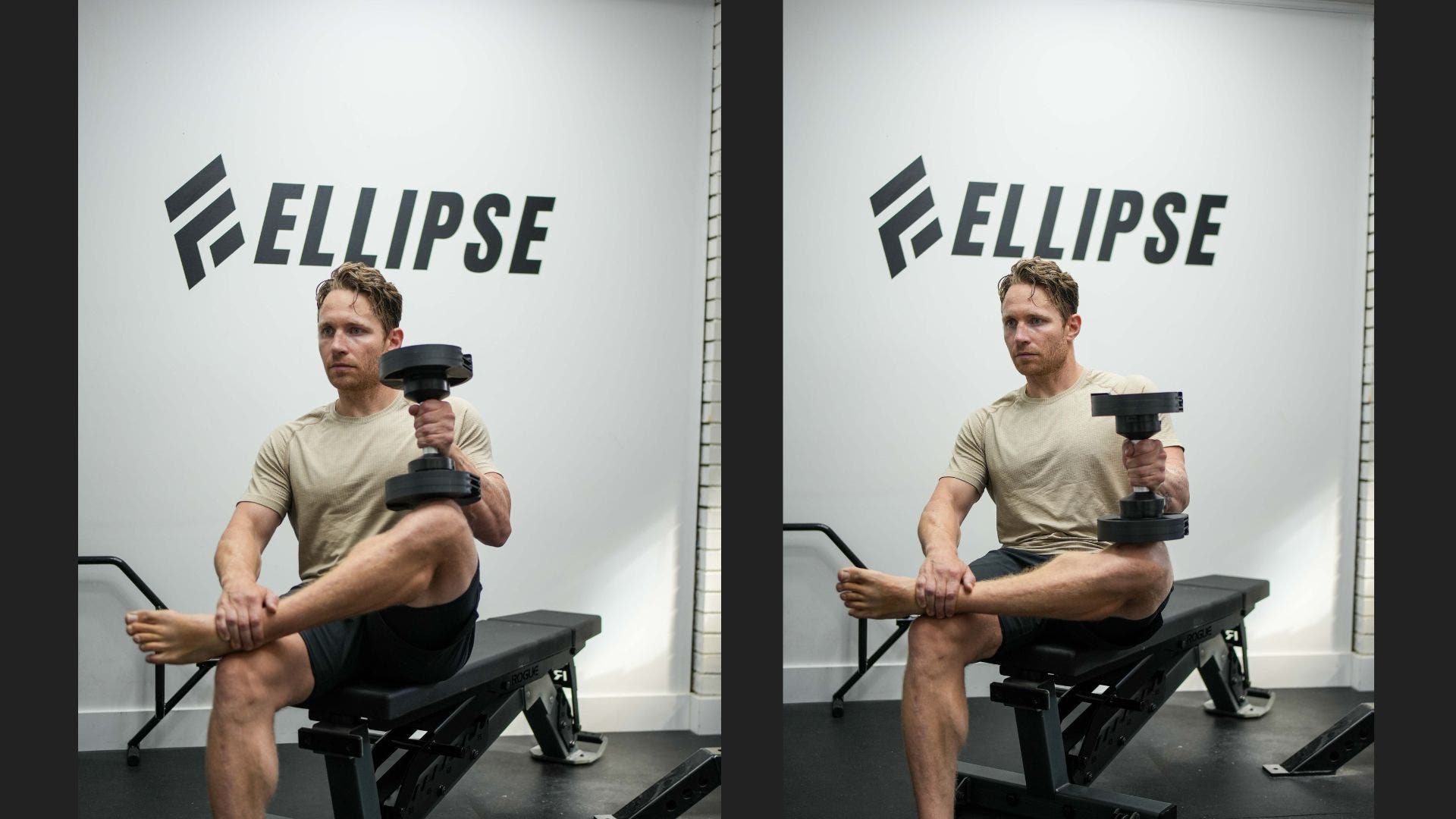 a runner sitting on a weight bench doing a groin strengthening exercise