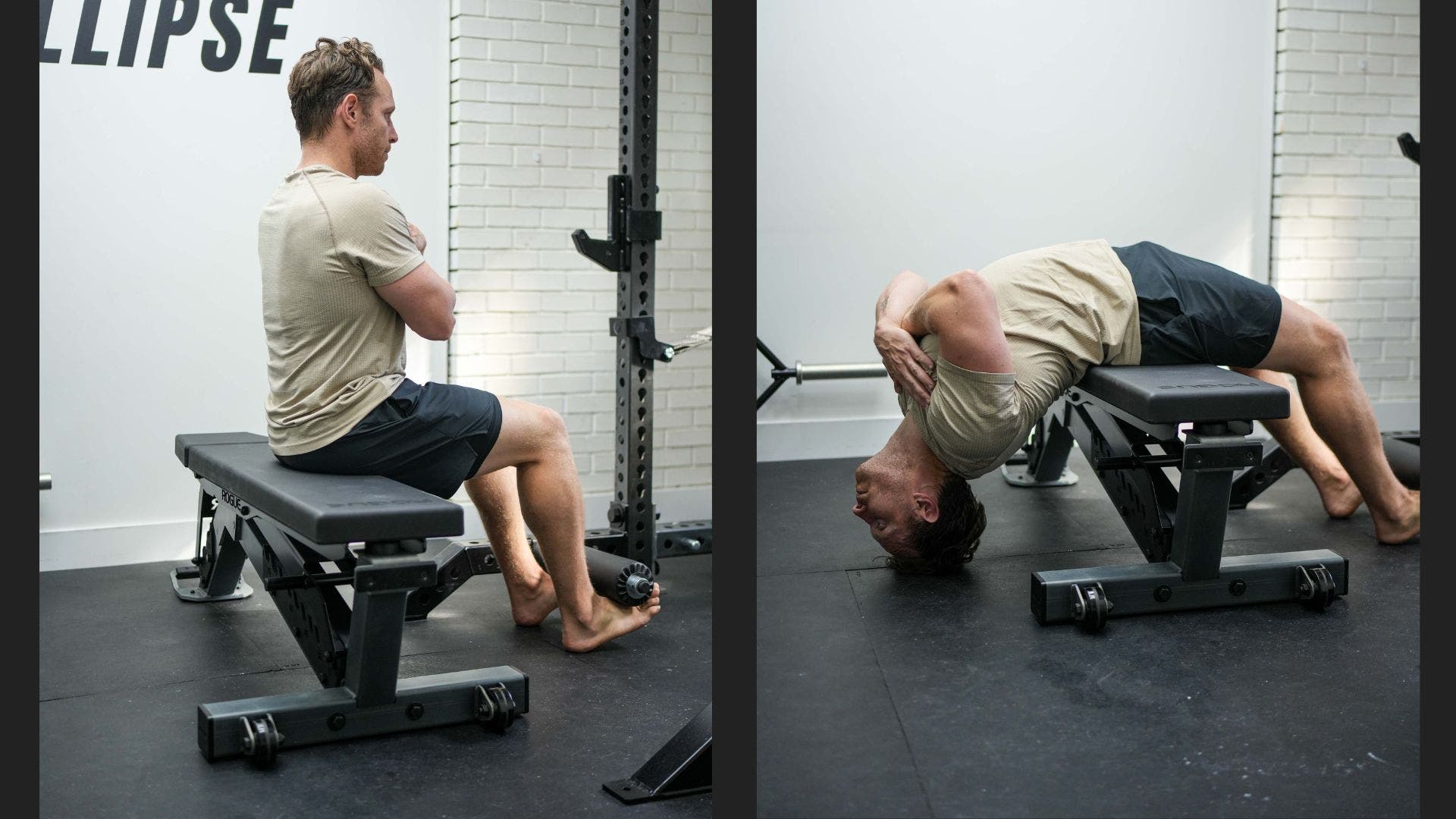 a runner backbending over a weight bench 