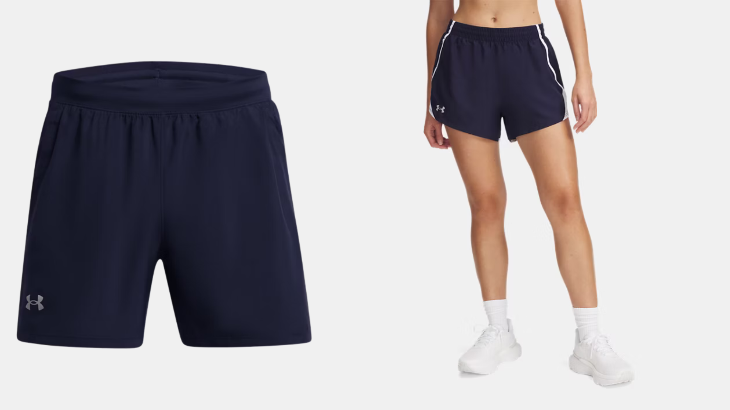 a pair of mean's shorts and a pair of women's shorts