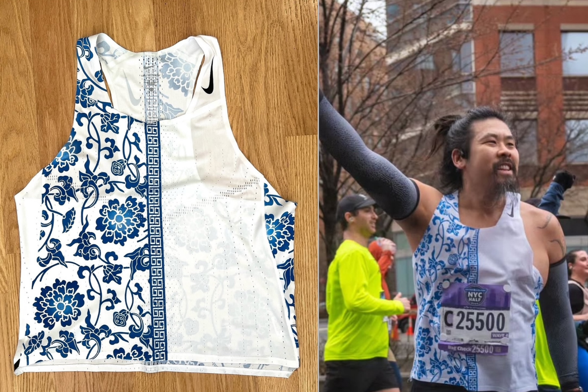 Custom hand-painted singlet, bringing the beauty of his Chinese heritage to this porcelain-inspired singlet.