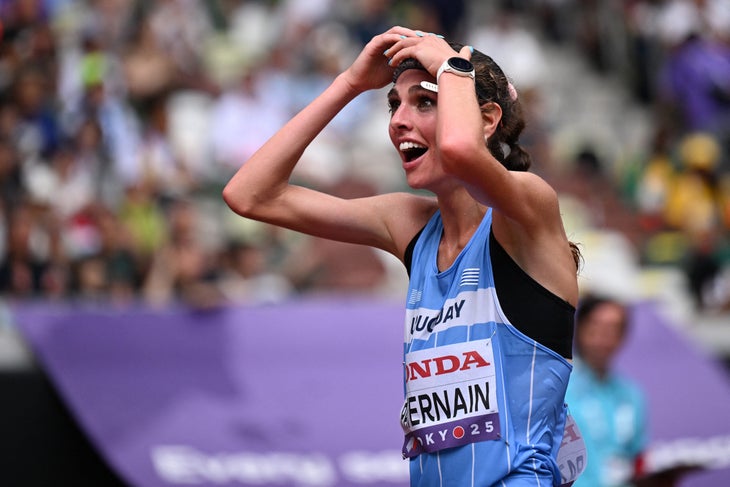 Uruguay's athlete Julia Paternain celebrates finishing in third place in the women's marathon final during the World Athletics Championships in Tokyo on September 14, 2025.