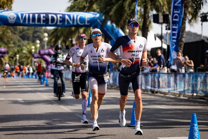 NICE, FRANCE - SEPTEMBER 14: Gustav Iden of Norway (2nd place), Kristian Blummenfelt of Norway (3rd place) and Casper Stornes of Norway (1st place) compete in the run leg during the 2025 IRONMAN World Championship on September 14, 2025 in Nice, France. (Photo by Jan Hetfleisch/Getty Images for IRONMAN)