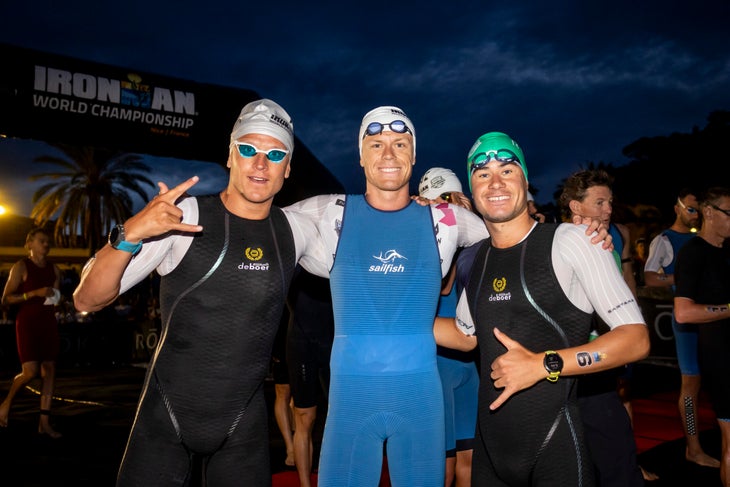 NICE, FRANCE - SEPTEMBER 14: (L-R) Kristian Blummenfelt of Norway (3rd place), Casper Stornes of Norway (1st place) and Gustav Iden of Norway (2nd place) compete in the swim leg during the 2025 IRONMAN World Championship on September 14, 2025 in Nice, France. (Photo by Jan Hetfleisch/Getty Images for IRONMAN)