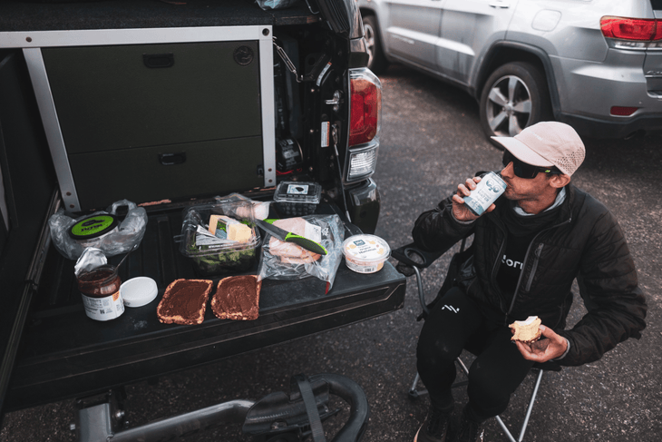 Kilian Jornet recovers with some food.