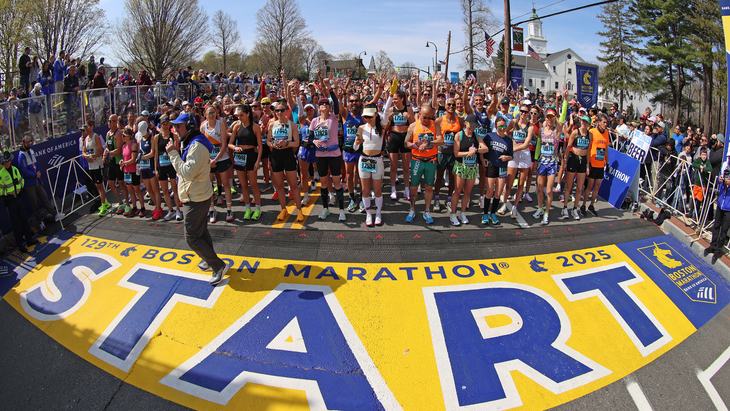 Hopkinton, MA - April 21: Runners get ready for the start of the 129th Boston Marathon on April 21, 2025. (Photo by David L. Ryan/The Boston Globe via Getty Images)