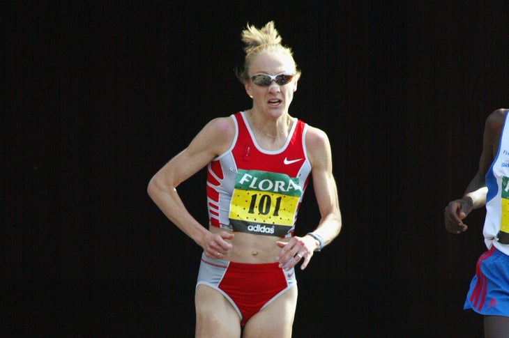 Paula Radcliffe emerges from the Blackfriars underpass on her way to victory and a new World record in the London Marathon on April 13, 2003 in London, England. 
