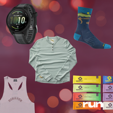 a collage of running gifts including tailwind electrolytes, a candle, socks, a singlet, and a henley