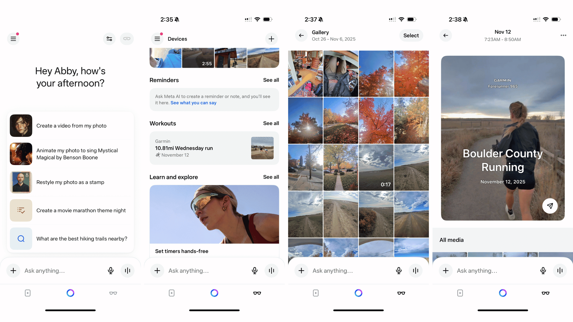 Meta AI App 界面截图，展示数据叠加与语音交互