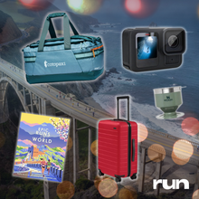 Gifts for runners who want experiences with a duffel bag, carry on roller, book about adventuring collage