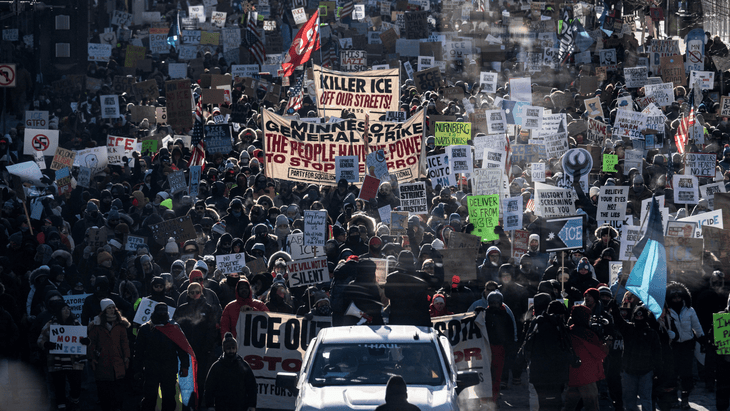  Protesters against Immigration and Customs Enforcement (ICE) march through the streets of downtown Minneapolis, Minnesota, on January 25, 2026. On January 24, federal agents shot dead US citizen Alex Pretti, a 37-year-old ICU nurse, while scuffling with him on an icy roadway, less than three weeks after an immigration officer shot and killed Renee Good, also 37, in her car. His killing sparked new protests and impassioned demands by local leaders for the Trump administration to end its operation in the city.