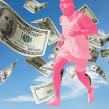 a pink runner in a sky of 100 dollar bills
