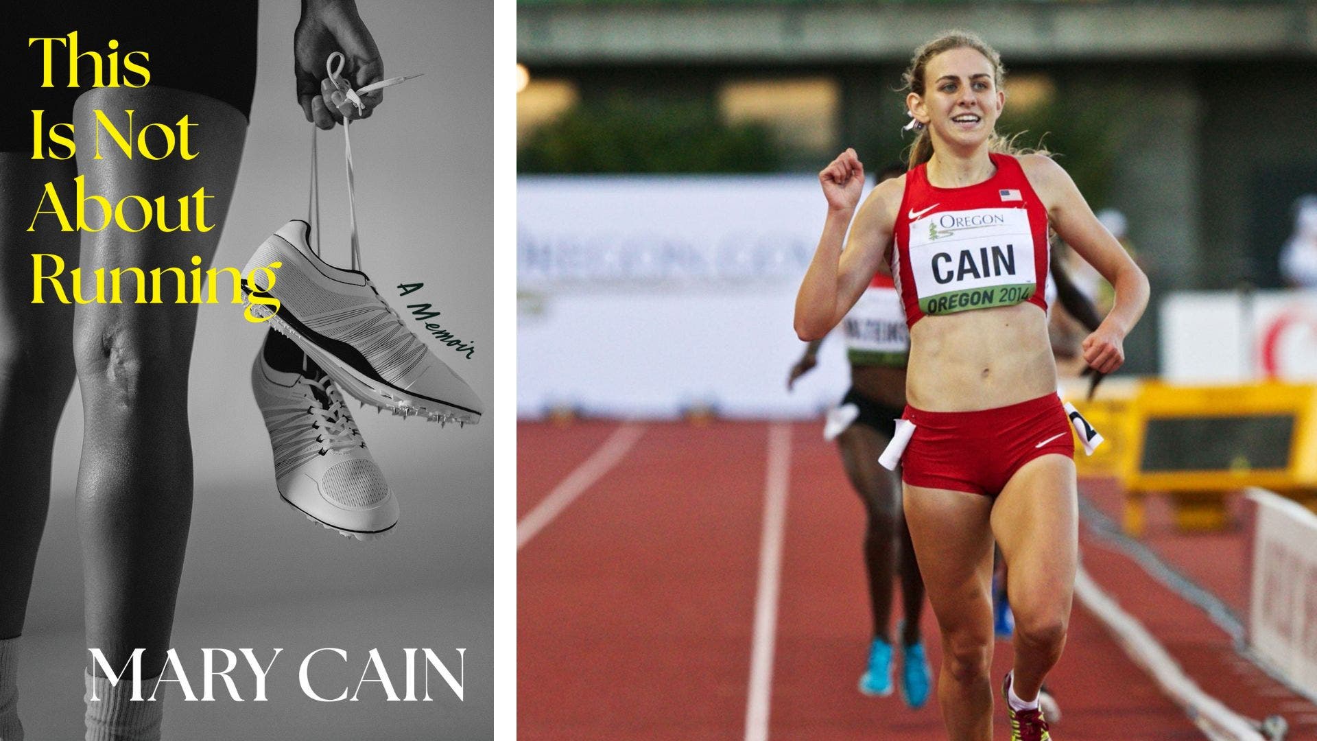 Mary Cain's book cover and a shot from her racing in 2014.